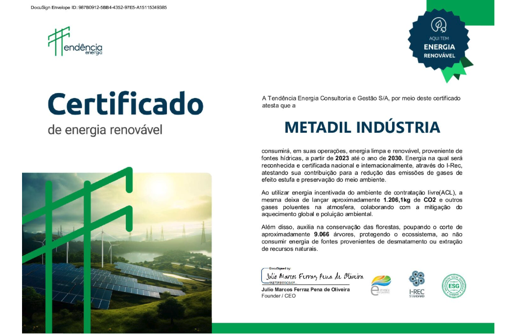 Certificado Metadil Energia Renovavel